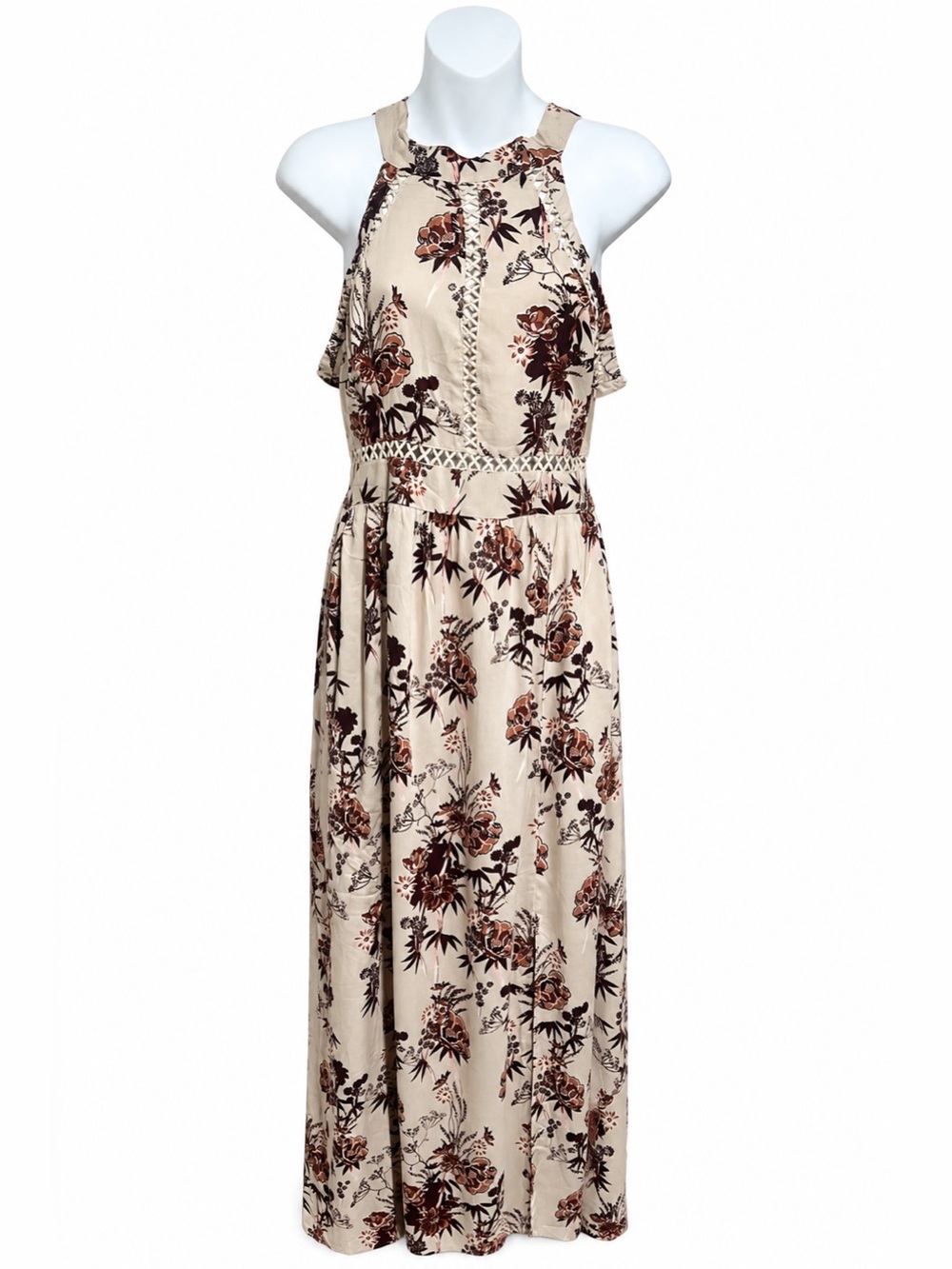 Angie NWT Medium Floral Halter Maxi Dress Open Back Boho Rayon Slit - Picture 3 of 10